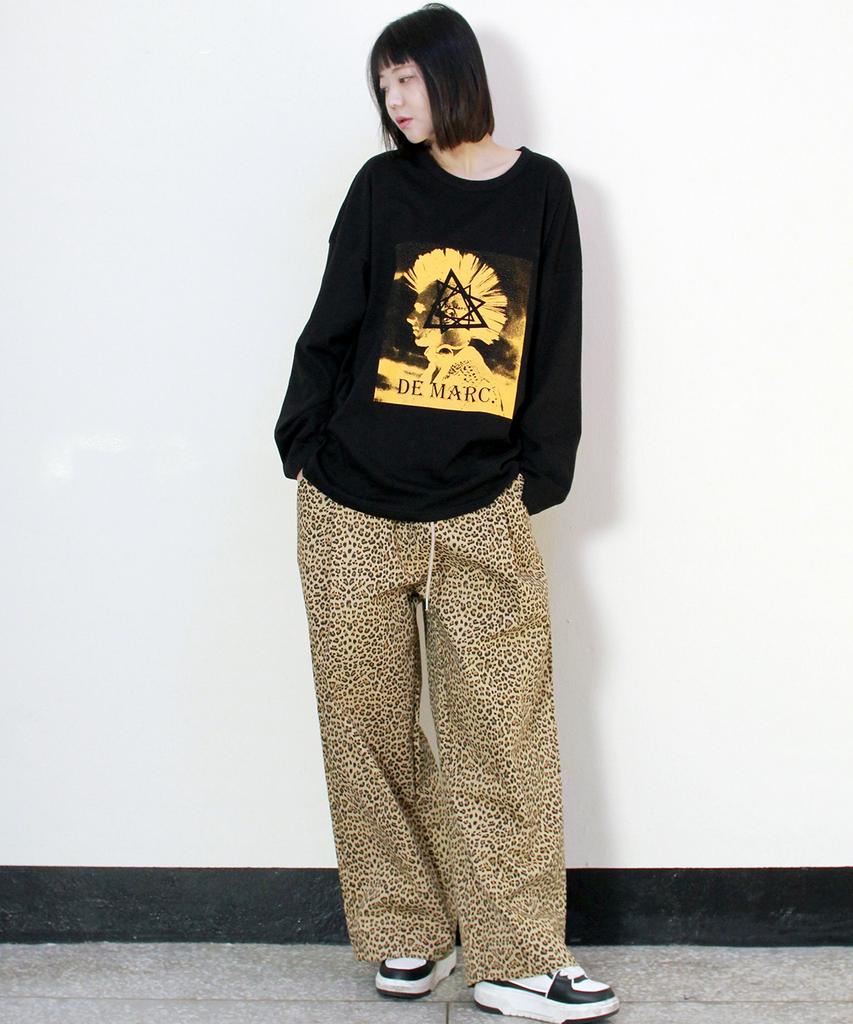 Deumakeu Side One-Pleat Leopard Real Wide Pants Camel