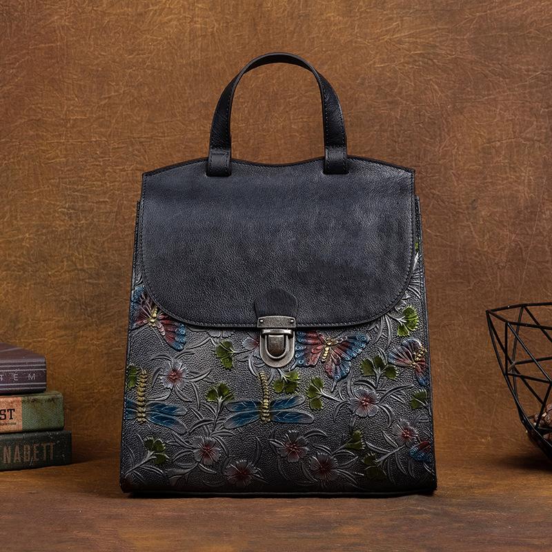 Neuer Damen-Rucksack aus echtem Leder Mehrzweck-Retro-Prägung Tasche Pflanzlich gegerbtes Leder Damen-Tasche