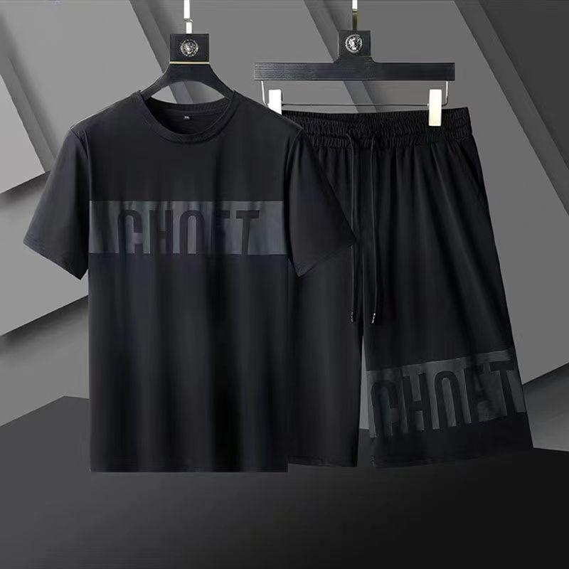 

Костюм Ice Silk, мужской летний свободный костюм большого размера 7XL с короткими рукавами, шорты, тонкий повседневный костюм для полных M чёрный