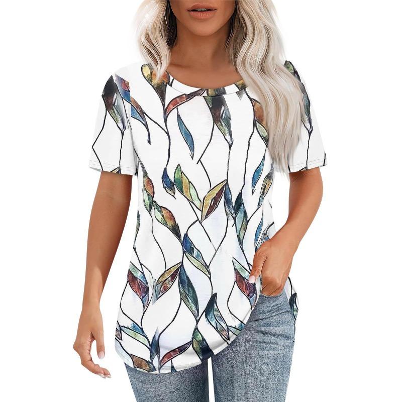 Women's Casual Versatile High-quality Floral Pattern Short Sleeved Round Neck T-shirt