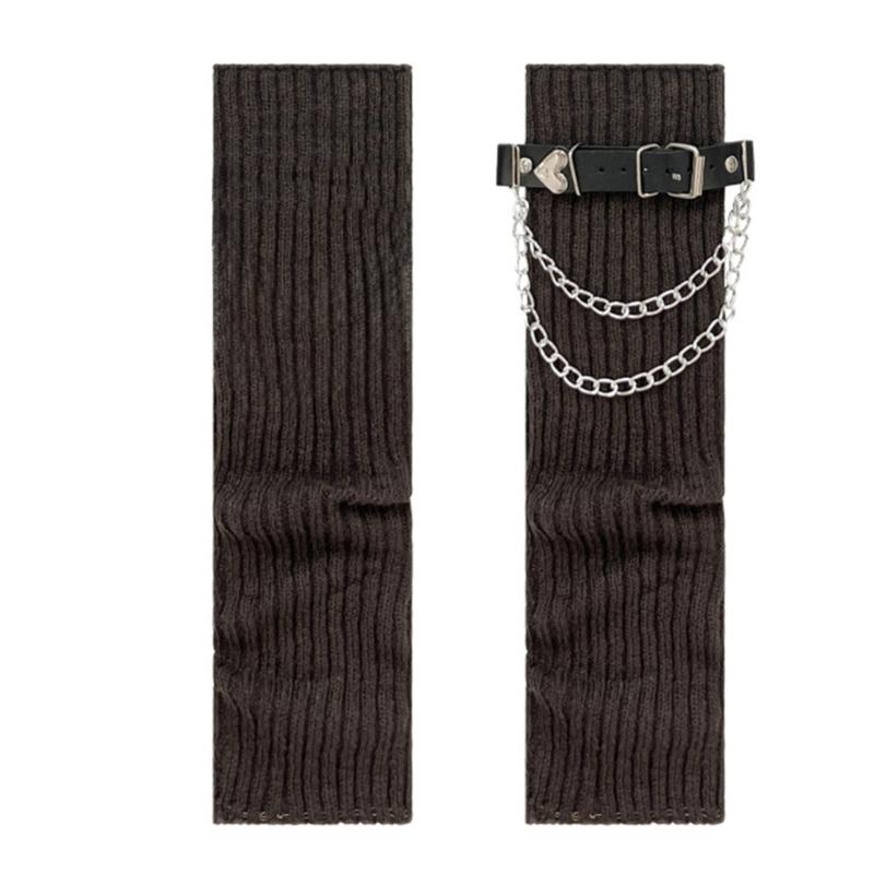 Ribbed Knitted Boot Toppers Covers with Heart Chain Leather Belt Harajuku Gothic Punk Leg Warmers Scrunch Long Socks