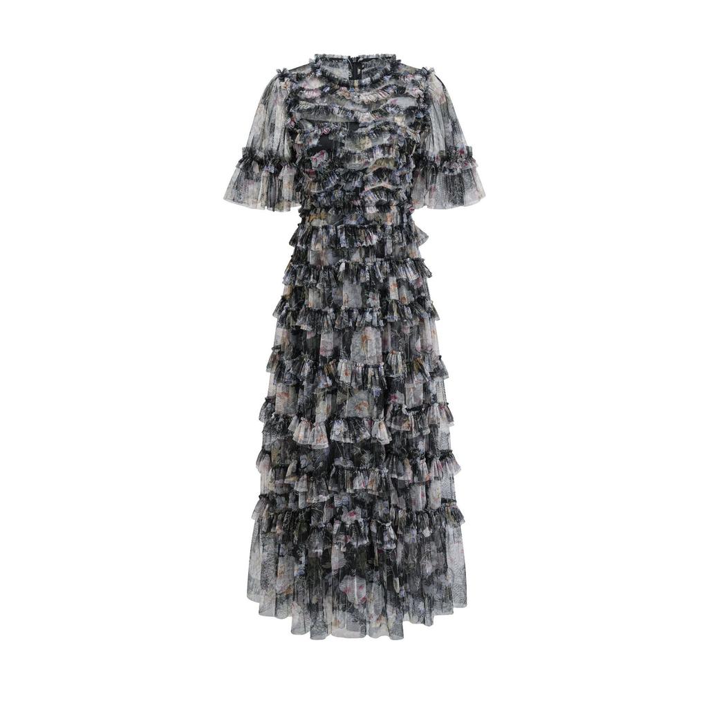 Retro Style Fashionable Ruffle Printed Short-sleeved Long Dress Dress Autumn and Winter Women's Clothing New