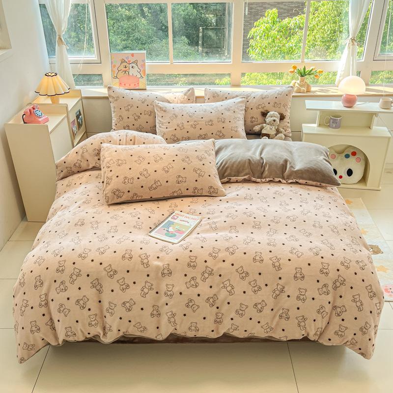 Milk Velvet Cute Printed Bed Sets Thick Autumn and Winter Plush Bedding Set for Single Queen Soft Keep Warm Duvet Cover Kit