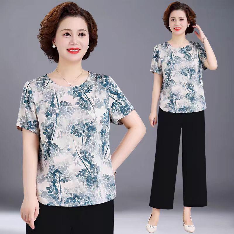 Summer Clothes, Western Style Small Shirts, Middle-aged and Elderly Ice Silk Short-sleeved Women's Grandma Clothes, Summer Plus Size Tops