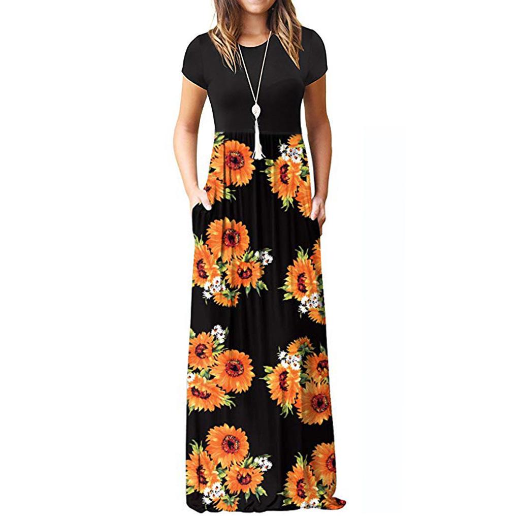 GMXIA Women's Fashion Summer Spring Solid Color Print Short Sleeve O-Neck High Waist Casual Dresses