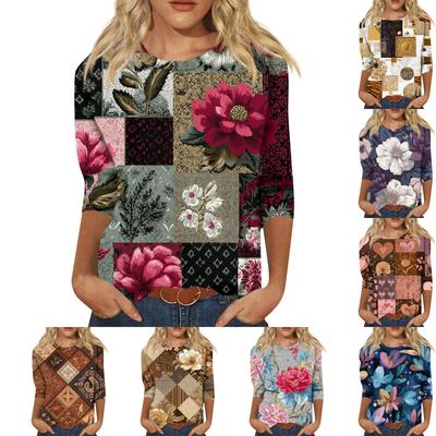 Modisches lässiges Damen-T-Shirt-Top mit Rundhalsausschnitt, Dreiviertelärmel und Retro-Print