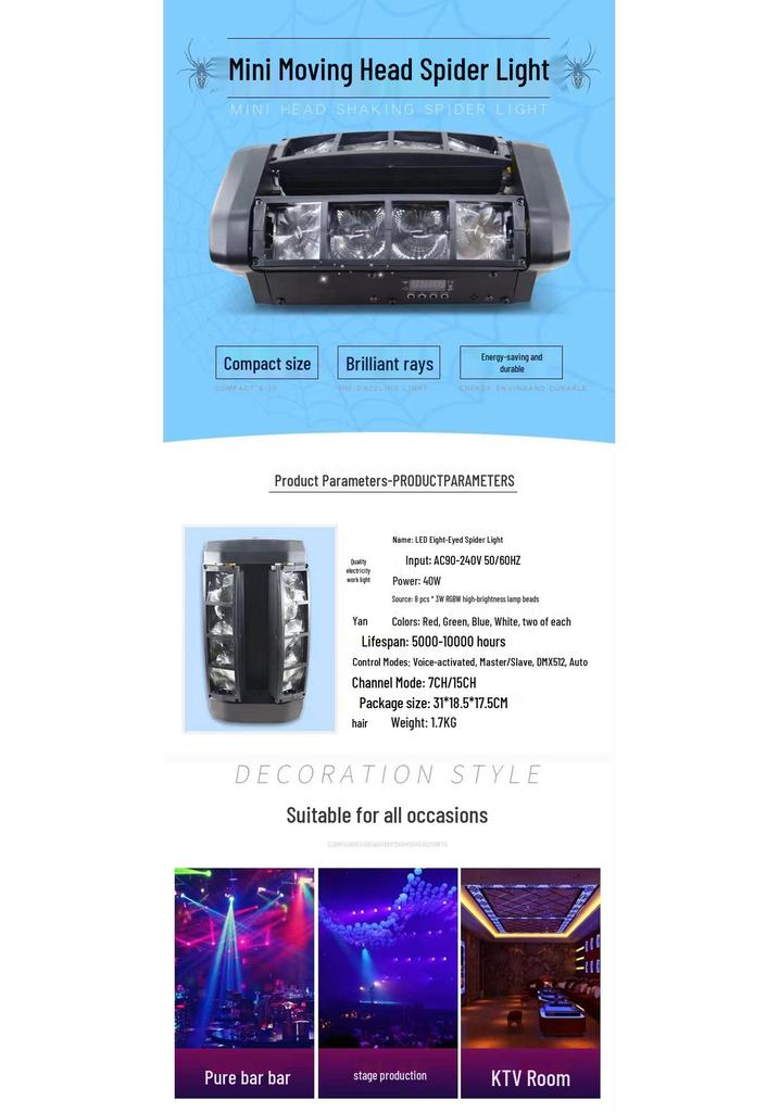 Eight-Eye LED Spider Light Sound-Activated Strobe for KTV & Bar Stage.