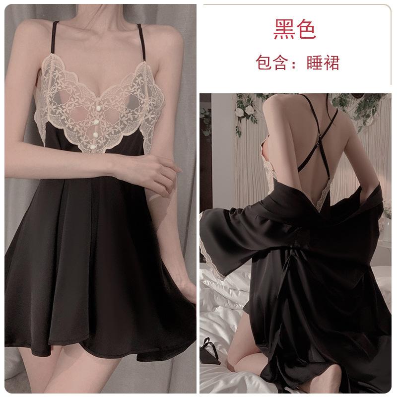 Sexy Cross Backless Deep V Seduction Lace Splicing Satin Nightdress Robe Women's Home Suit