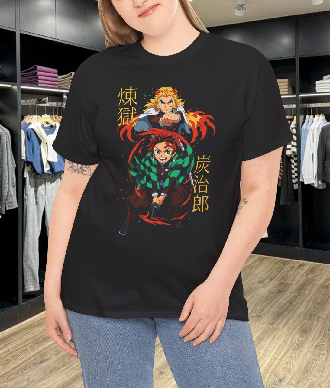 Demon Slayer Rengoku & Tanjiro Fire and Water Duo Graphic Anime T-Shirt M