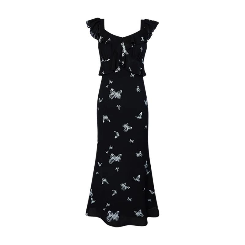 Xiaofei Sleeve Black Butterfly Suspender Dress Women's Summer French Temperament Beautiful Waist Length