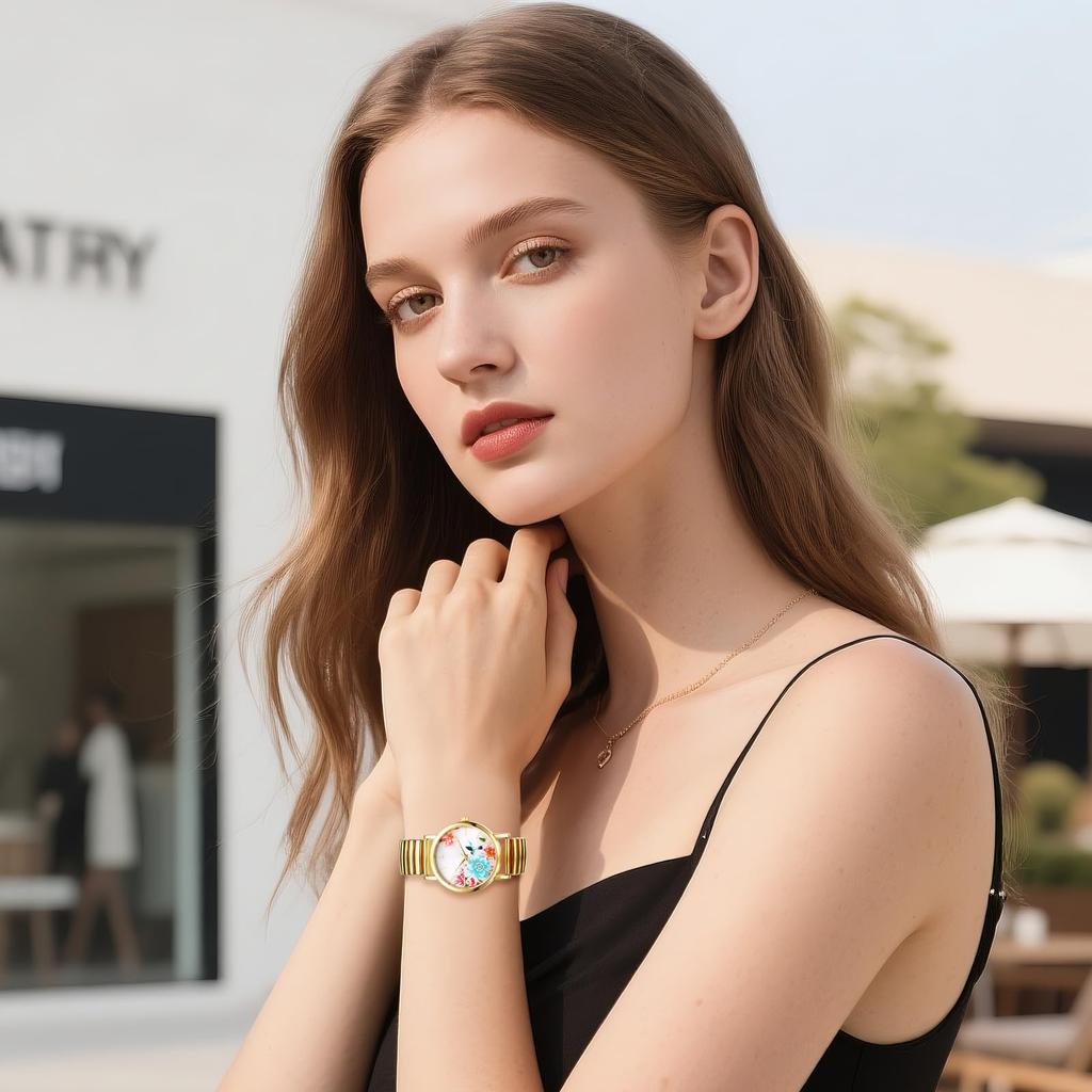 Floral and Pastoral Design Analog Quartz Watch with Adjustable Elastic Gold and Stainless Large and Stylish Perfect for or As a Gift for Her Women's