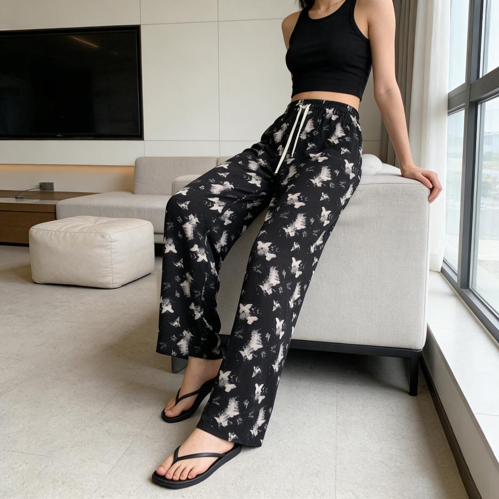 Ice silk wide-leg pants women's summer thin new Chinese ink cool pants high-waisted casual pants trousers women's clothing