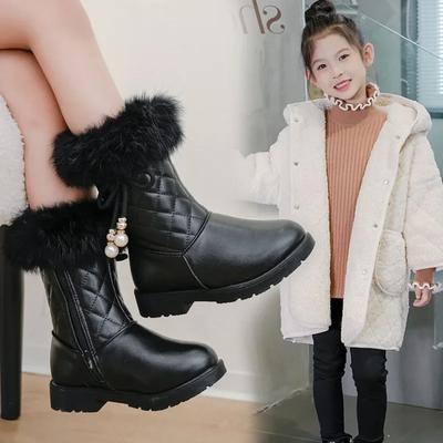 Girls Leather Snow Boots Warm Shoes for Winter Kids Princess Boots with Fur 2024 New Fashion Sweet Girls Long Boots with Bow