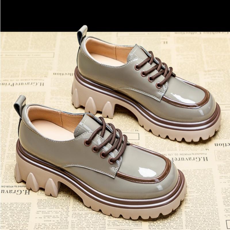 [Stylish Loafers] Stylish Chunky Heel Loafers - Women's White with Brown Accents, Thick Sole, Lace-Up Design, All-Season Comfort Shoes,Casual Footwear