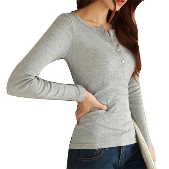 Damska bluzka T-shirt z długim rękawem, prążkowana, jednolita, z okrągłym dekoltem, zapinana na guziki, dopasowana