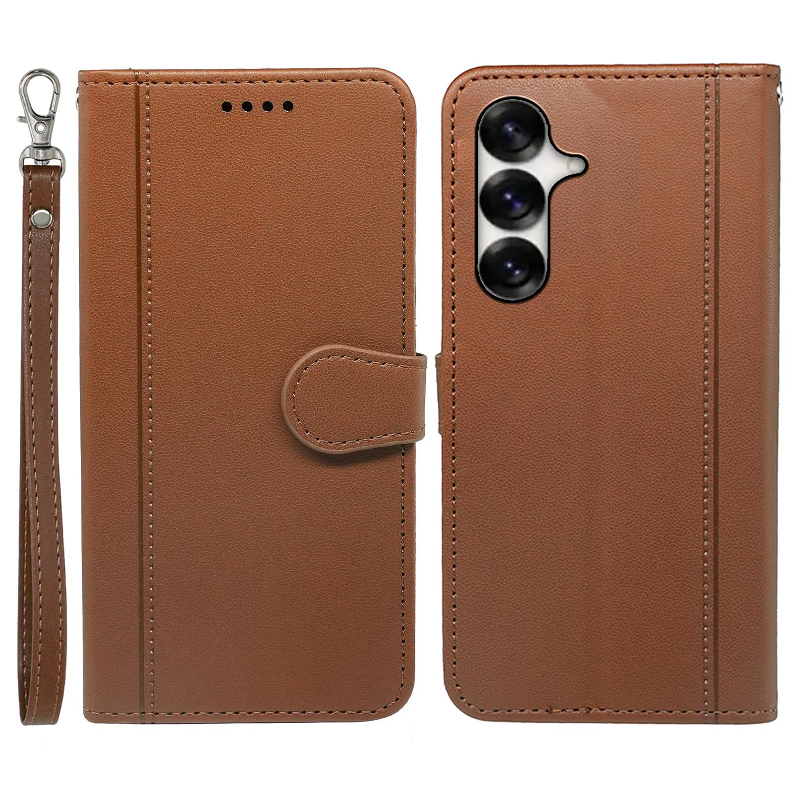 

For Samsung Galaxy S25+ Wallet Case Magnetic Snap Leather Phone Cover with Strap Brown