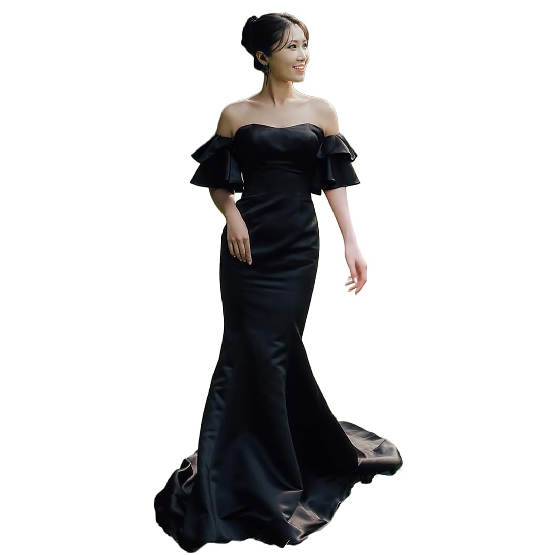 

Вечерний корсетный наряд русалки для свадебной фотосессии, свадебное платье [R-QINYUER], платье с открытыми плечами, стиль, черный, платье, шлейф, платье, платье, чёрный