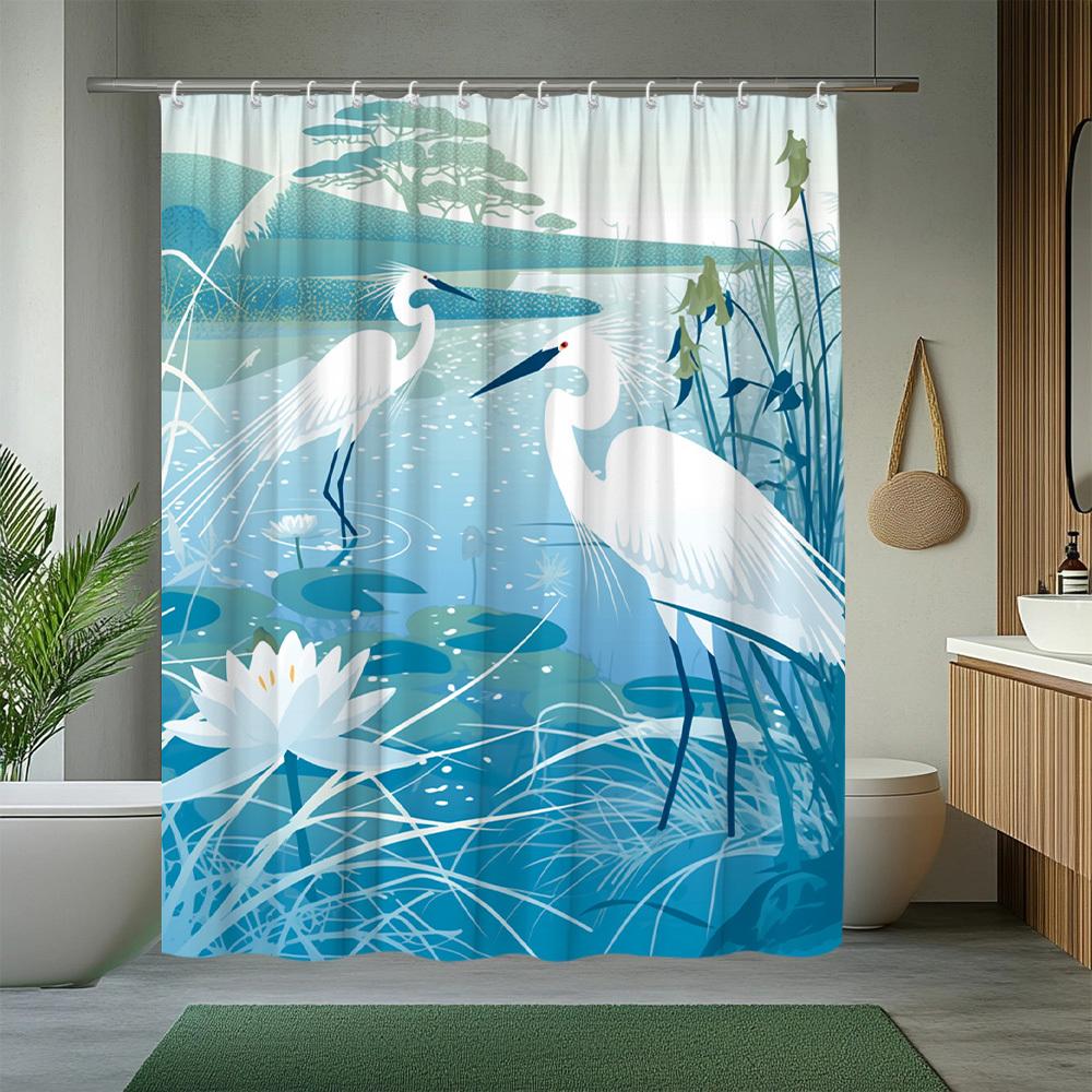 1Pc Natural Scenery Shower Curtain With Egret, Reed, And For Lotus Pattern Bathroom Decor Polyester Fabric Includes 12 Hooks 70.
