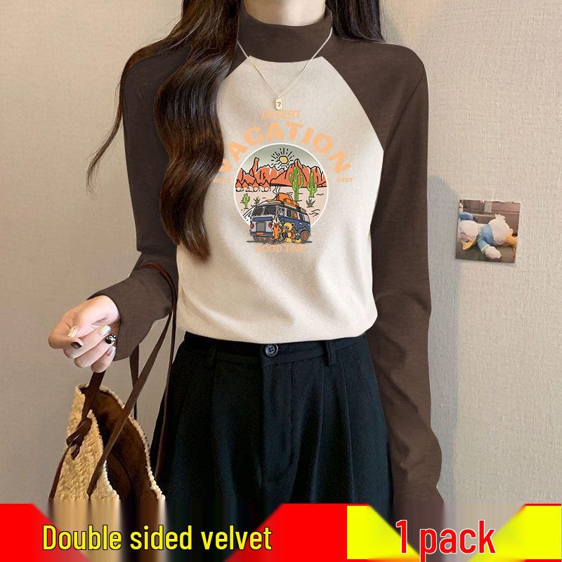 

Women s German Velvet Color Block Semi-High Neck Base Layer Shirt - Winter Warm Slim Fit Stretch S [Recommended for up to 90 lbs]