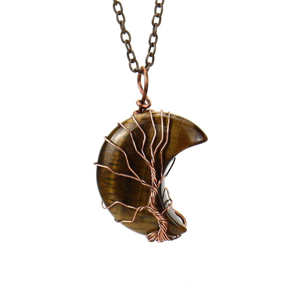 Moon Shape Design Natural Crystal Pendant Necklace With Tree Of Life Design For Women