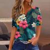 Top T-shirt casual alla moda da donna con stampa hawaiana, scollo a V, maniche corte, bottoni