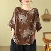 Cotton and Linen Plus Size Women's Printed T-shirt Summer Short-sleeved Ethnic Sleeves Show Retro Mother Loose Floral Top