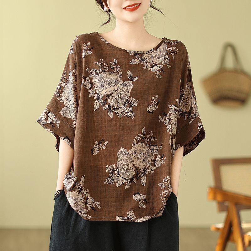 Cotton and Linen Plus Size Women's Printed T-shirt Summer Short-sleeved Ethnic Sleeves Show Retro Mother Loose Floral Top