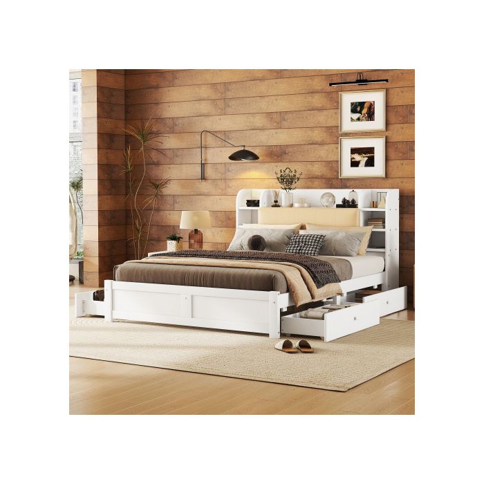 Lit - MUVOE - 160x200cm - Blanc - 4 tiroirs - Tête de lit relevable