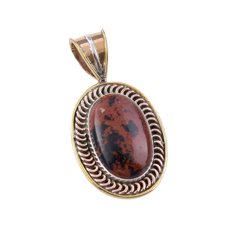Natural Mahogany Obsidian 925 Sterling Silver Jewelry TwoTone Pendant 1.50" Z9z18
