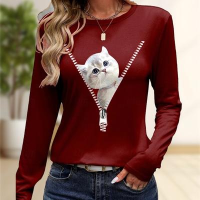 Oberteile für Damen, Katzen-Reißverschluss-Print, Rundhalsausschnitt, Langarm-T-Shirt, Herbst, lässiger, schlanker Pullover, Langarm-Oberteil für Damen