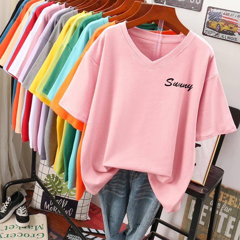 Short-sleeved T-shirt for Women Large Size Loose and Slimming Design Niche Pure Cotton V-neck Top That Covers The Belly