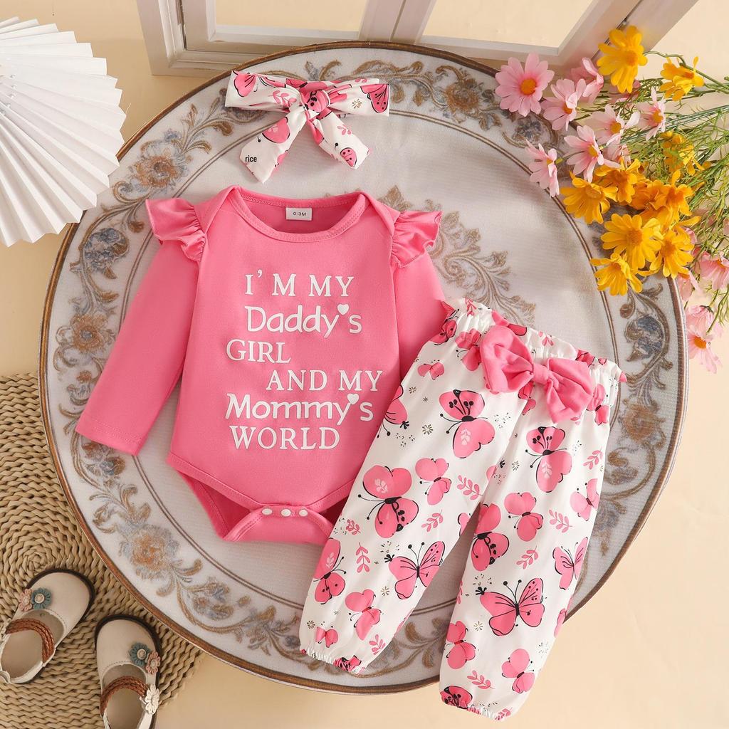2026 Autumn Baby Girl Long-Sleeve Bodysuit, Bow Floral Pants & Headband Set