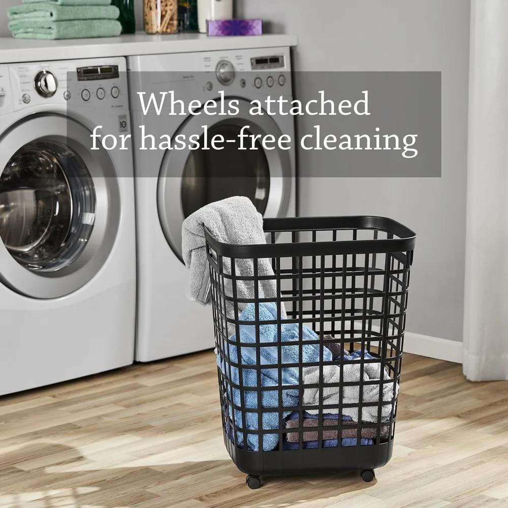 Rolling Laundry Hamper 2.6 Bushel Open-Top Plastic with Casters Lightweight Rectangular Ventilated Design Easy Mobility and