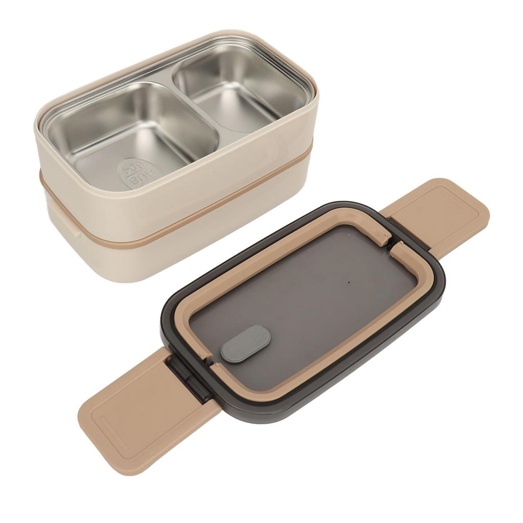 Double Layer Lunch Box Stackable Bento Box with Utensils Stainless Steel Dining Box 1400ml Khaki 304