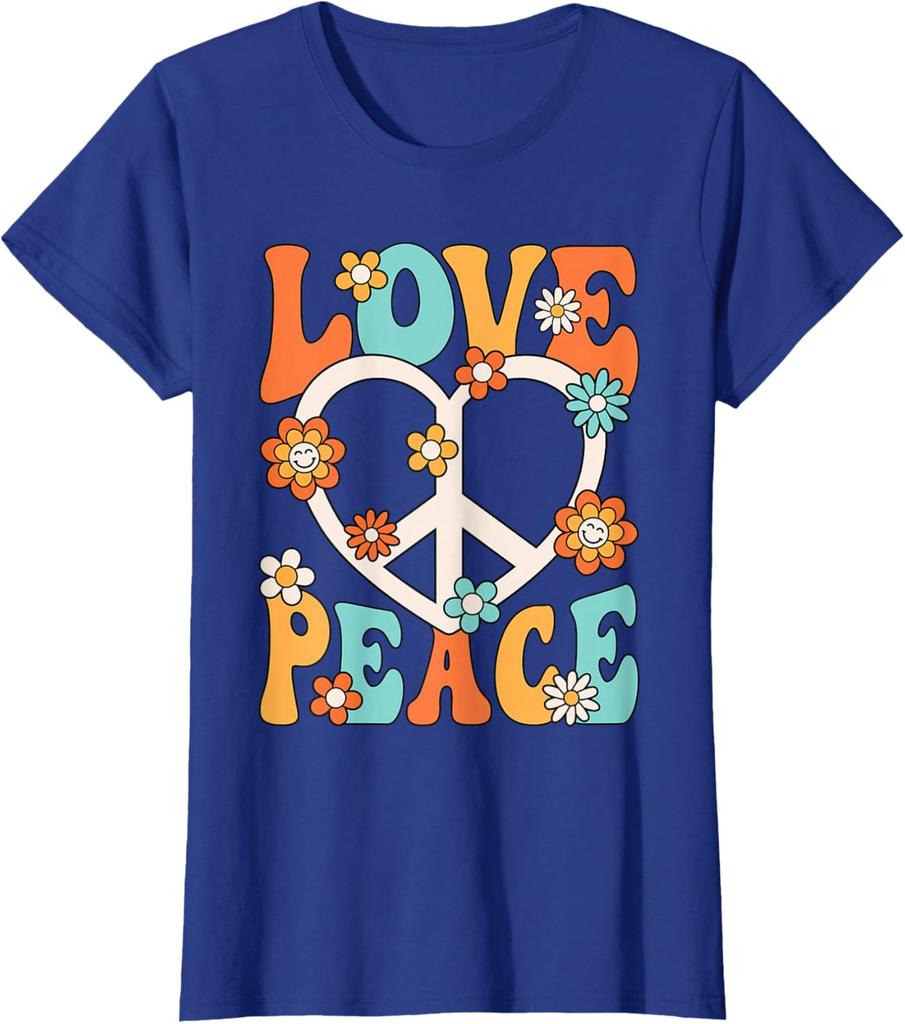 Love Peace Sign Groovy Hippie Graphic Tee Retro 70s Style Cotton T-Shirt for Women
