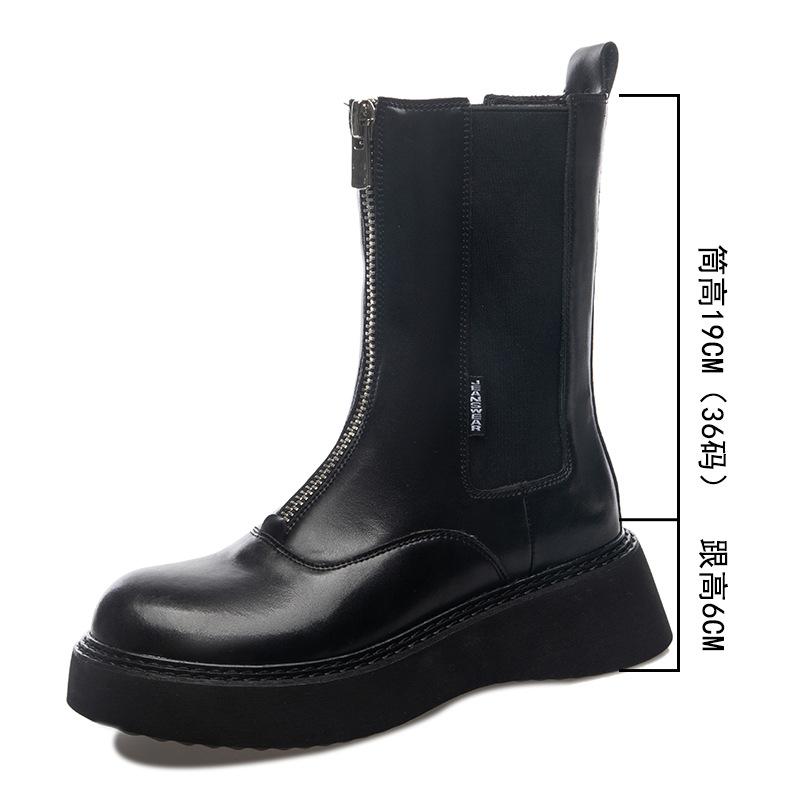 Genuine Leather Women Boots Woman Shoe Fashion Female Breathable Cowhide Bootie Front Zipper Light Black Boots