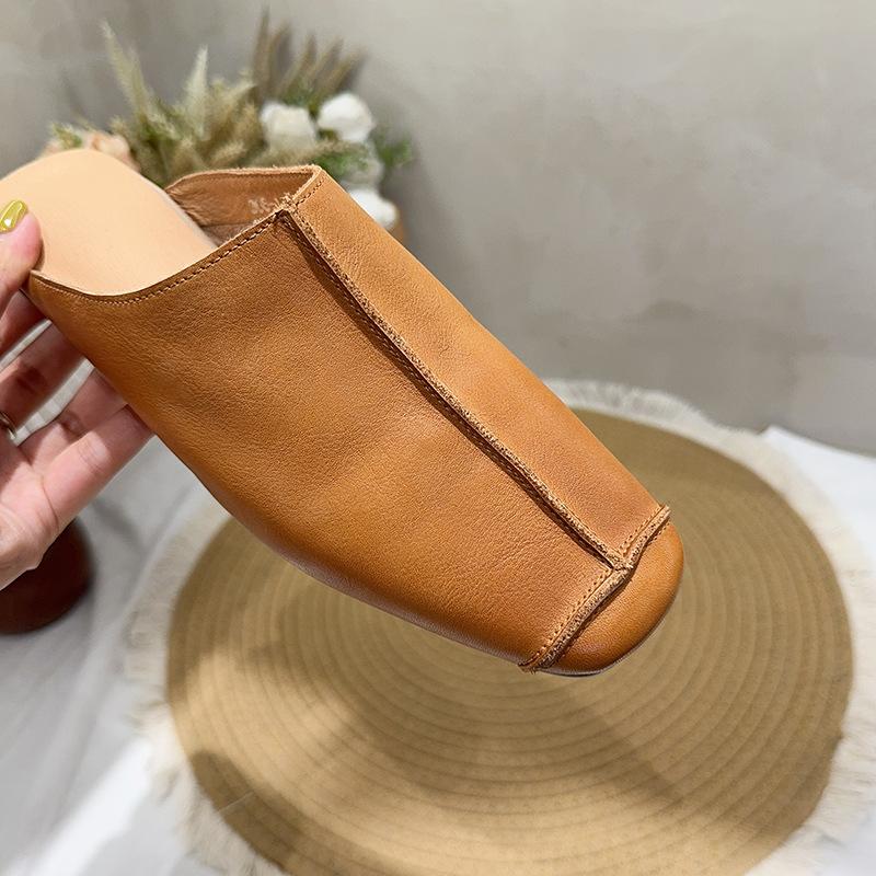 Johnature Retro Splicing Šití Ploché Pantofle Kulatá Špička Pravá Kůže Měkká Podrážka Jednobarevné Dámské Boty