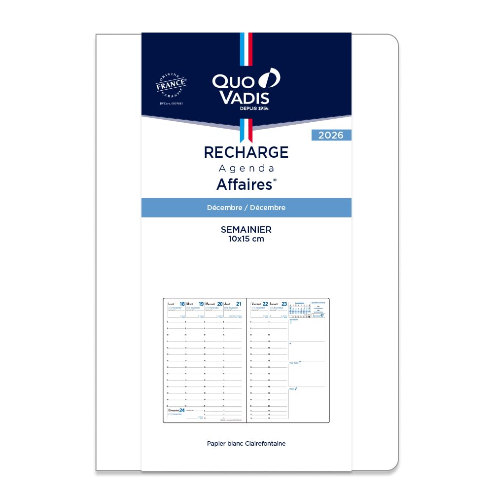 QUOVADIS 2026 Business Diary Refill French Edition Weekly Vertical December 2025 Start A6 Slim 10x15cm qv004rech-fr