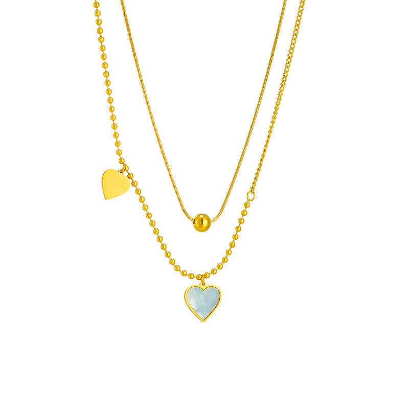 Gold Plated Stainless Steel Double Layer Mother of Pearl Heart Necklace