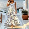 Women's Sleeveless Maxi Dress,Blue White Leaf Print,Lightweight Loose Fit,Versatile,Perfect for Daily Commute Beach Vacation