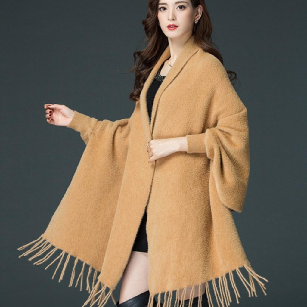 Cashmere Winter Faux Mink Cardigan Shawl Camel Layered