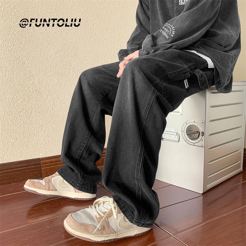 Calça jeans masculina estilo American Retro Brown Wide Leg: Macacões versáteis, folgados e de outono para as ruas da cidade