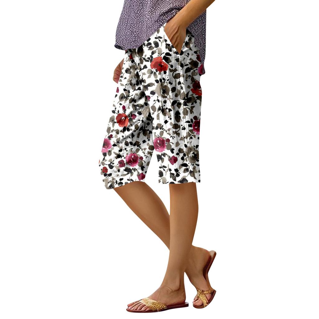 Dámské módní potištěné kapsy elastický pas ležérní 5/10 kalhoty