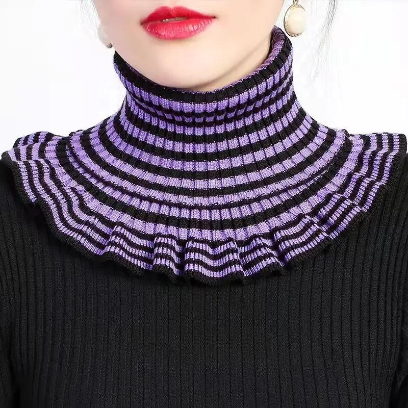 

Женский свитер в полоску из корейского джокера, утолщенный, теплый, шейный, эластичный, вязаный, с накладным воротником, шерстяной шарф