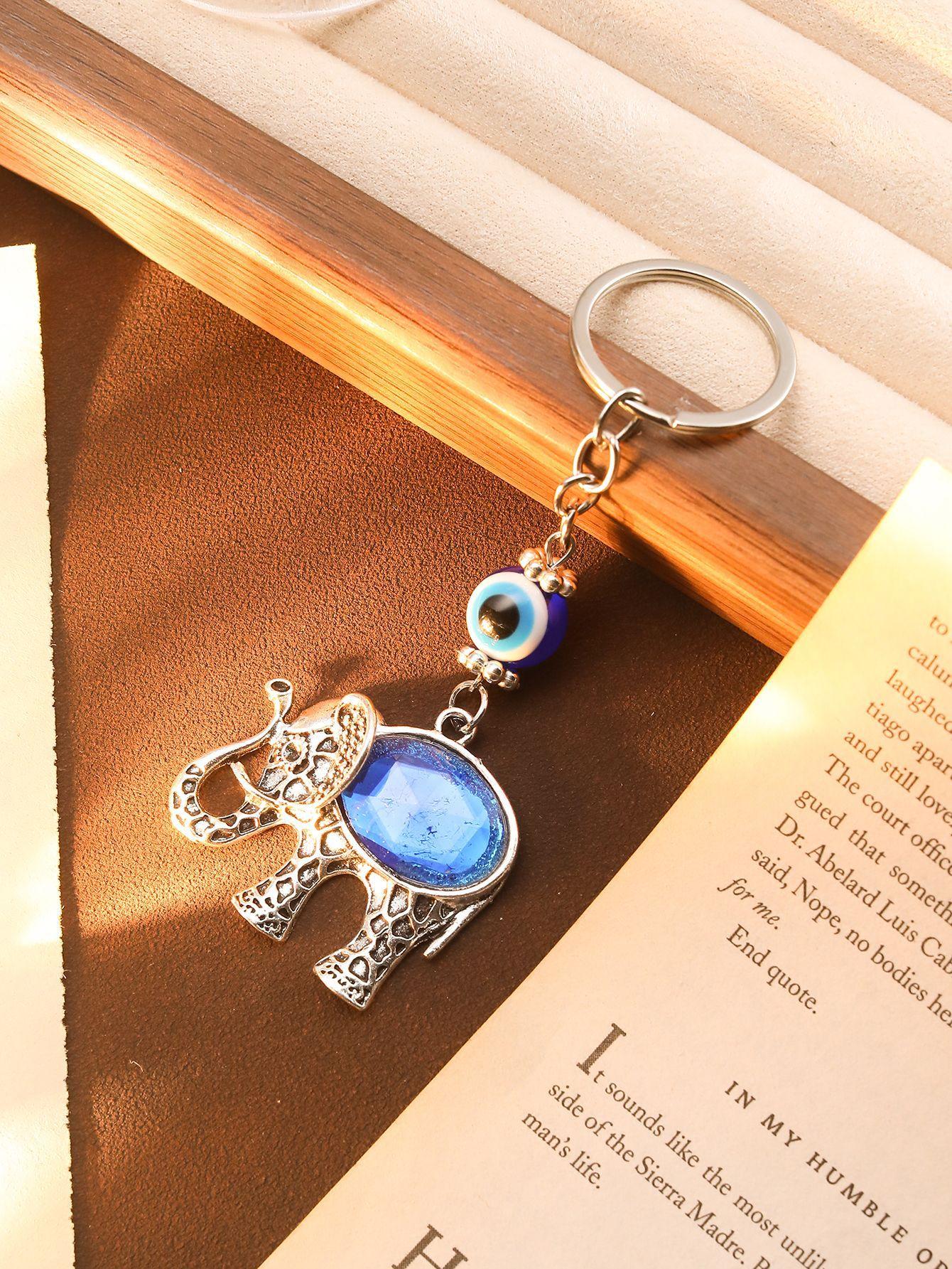 Vintage Ethnic Style Diamond-Encrusted Elephant Keychain Turkish Blue Eyes Devil S Eye Pendant Bag Accessories
