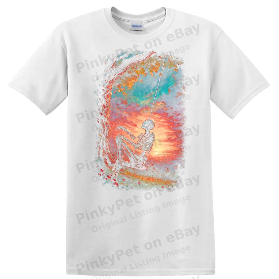 Skeleton on Swing Sunset Scene T Shirt Artistic Nature Tee Cute Gift Idea