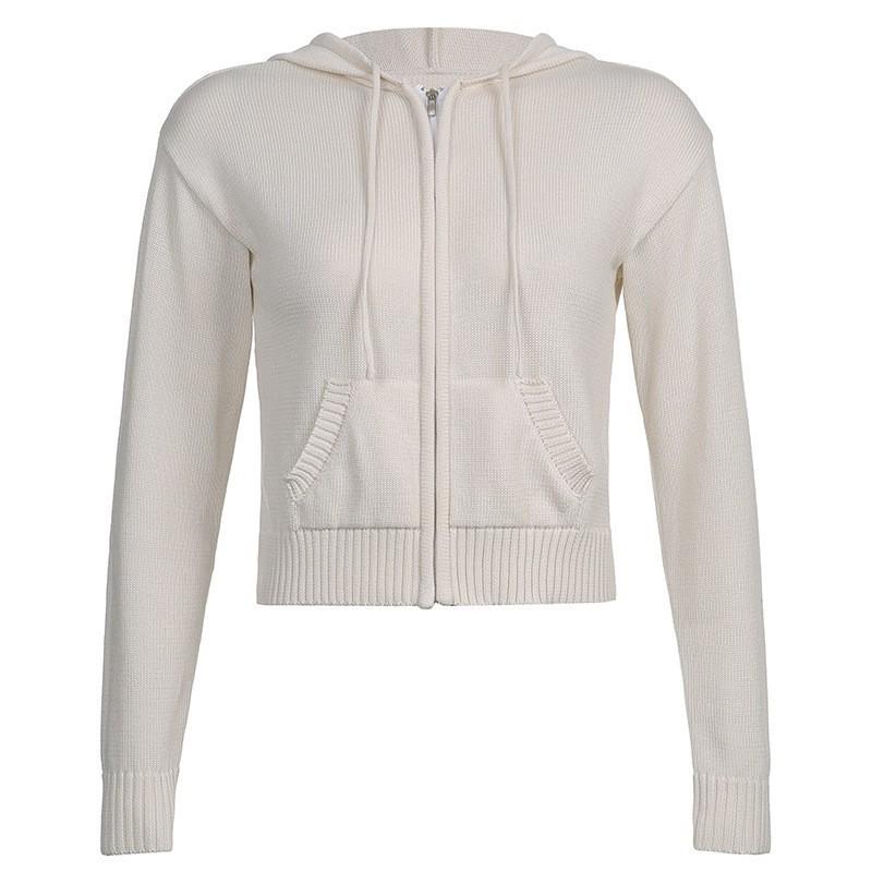 Autumn and Winter Women's Warm Hooded Zip Cardigan Pockets Solid Colour Jacket Short Temperament Tops