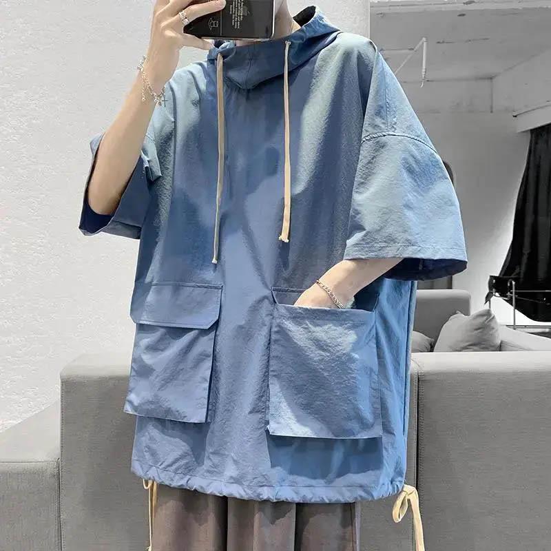 Summer and Autumn Hooded Short-sleeved T-shirt Men's Korean Version Half-sleeved Sweater Men's All-match Student Loose Hooded 5-point Sleeve Top