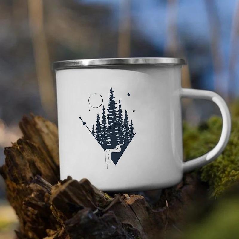 Stampa 'Le Montagne Aspettano' Tazza Smaltata Creativa Campeggio Caffè Tè Acqua Latte Tazze Manico Bicchiere Vacanza Escursionismo Regalo