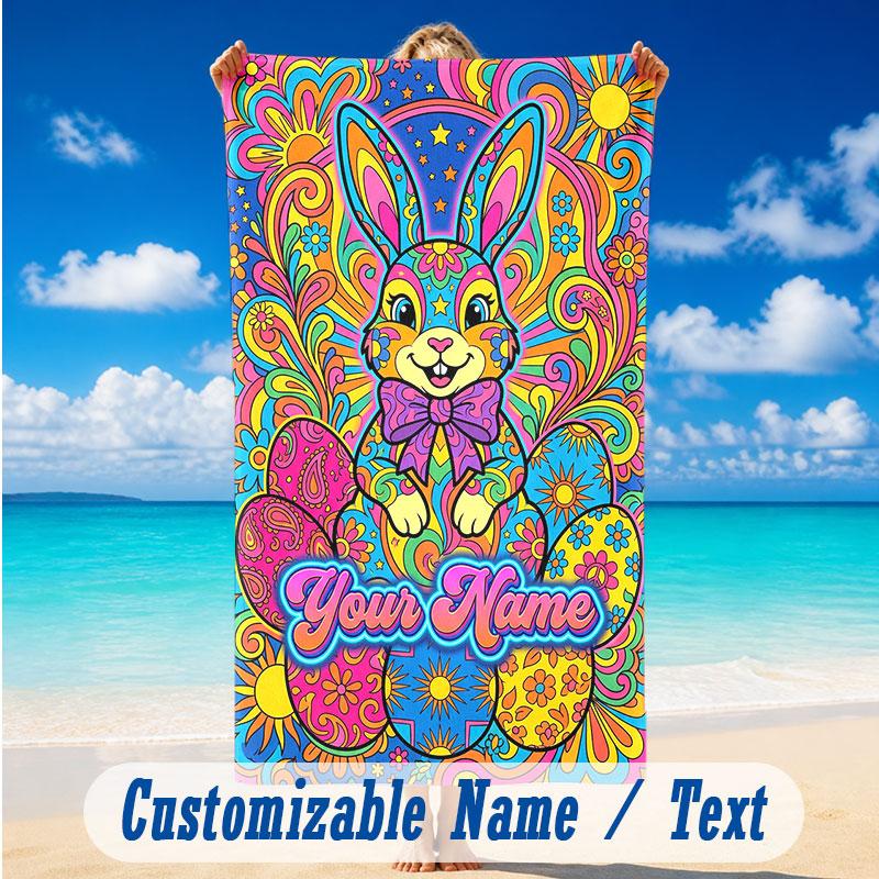 Easter Bunny Theme Beach Towel Personalized Custom Name & Text Soft Quick Dry Beach Towel for Swimming Travel